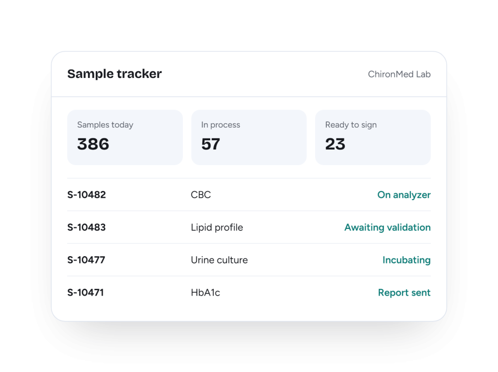 ChironMed lab information system dashboard for sample tracking and diagnostic reports